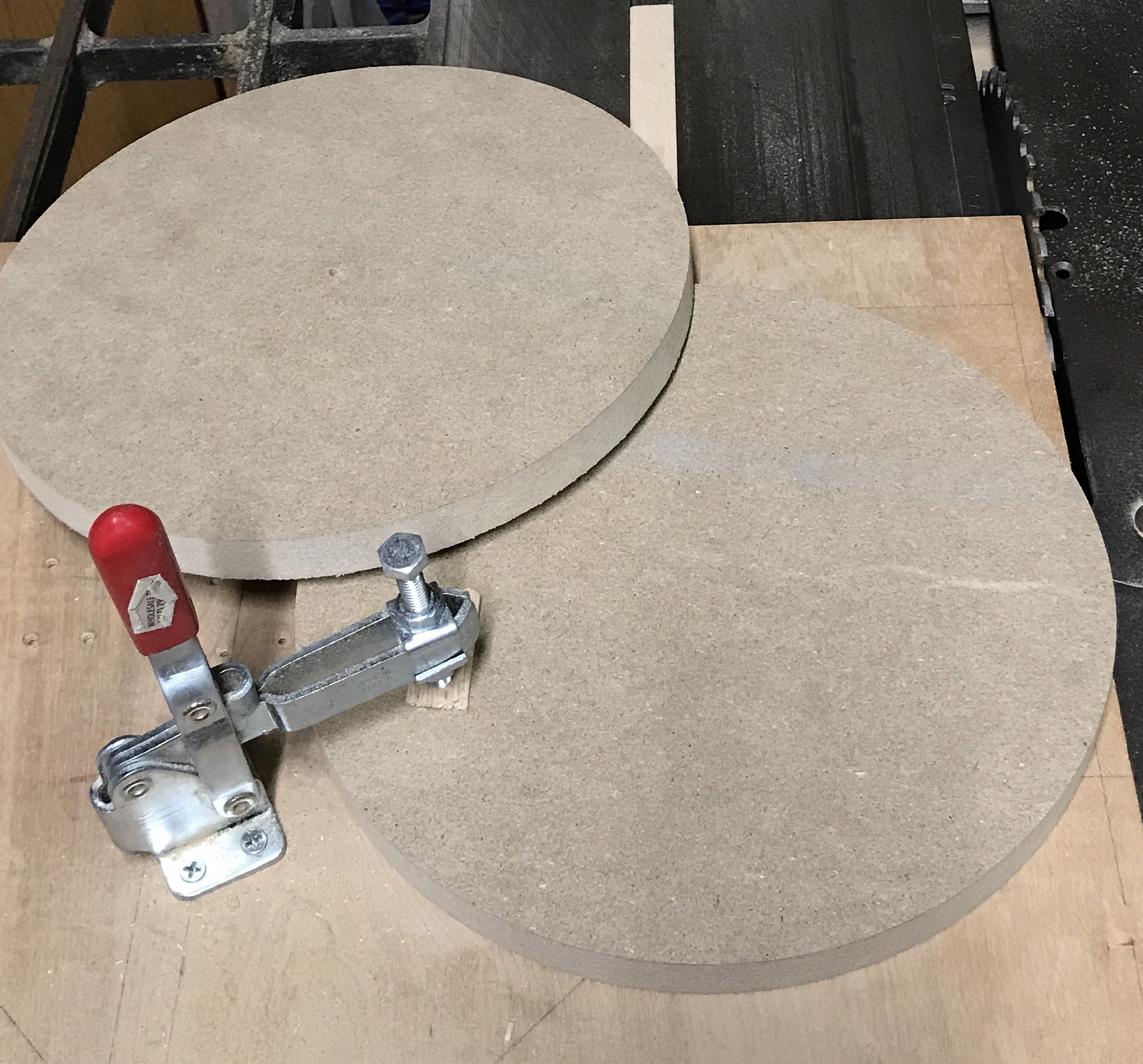 The circles cut on the crosscut sled jig